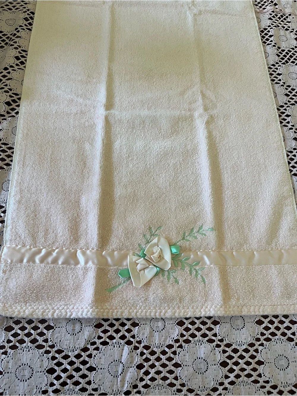 Decorative Cream Hand Towel with Satin Ribbon Rose